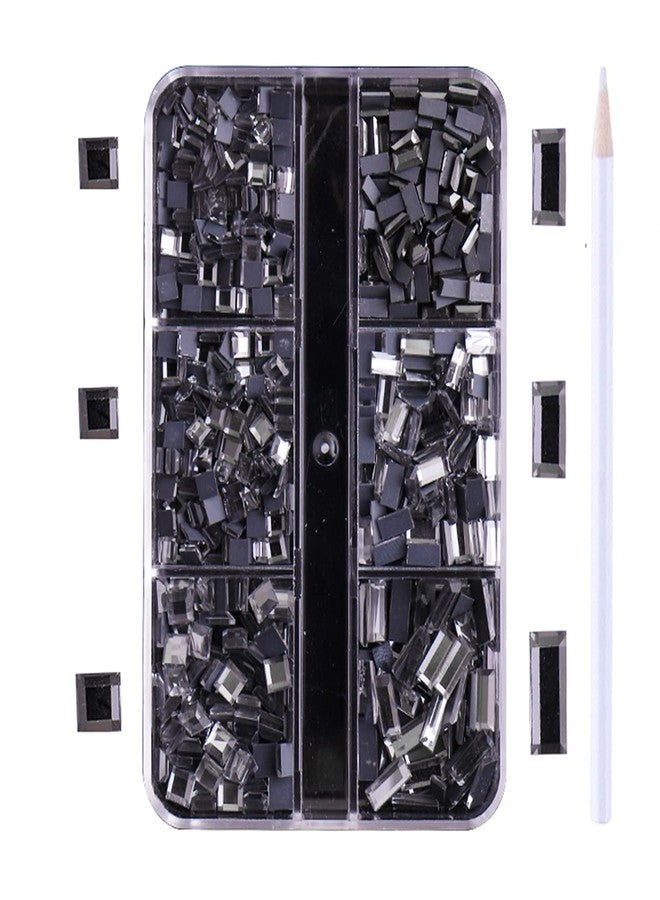 JERCLITY 450pcs Black Diamond Color Square Rectangle Flatback Nail Rhinestones for Crafts 4 Mixed Sizes Square Glass Gems Crystals Jewels for Nail Art With Picking Rhinestones Pen (Width:3.0mm-7.0mm) - Image 1